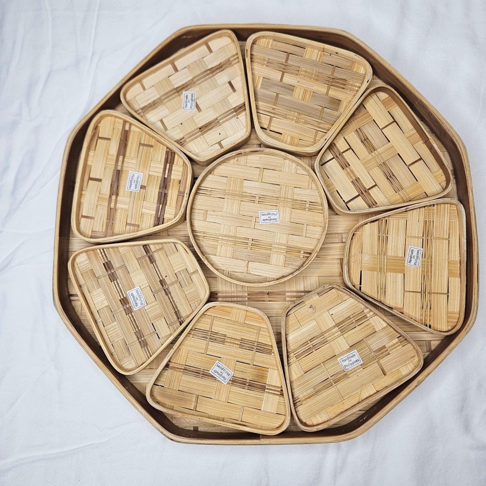 Handmade Woven Bamboo Octagon Serving‎ Tray 10pc Appetizer Platter Philippines